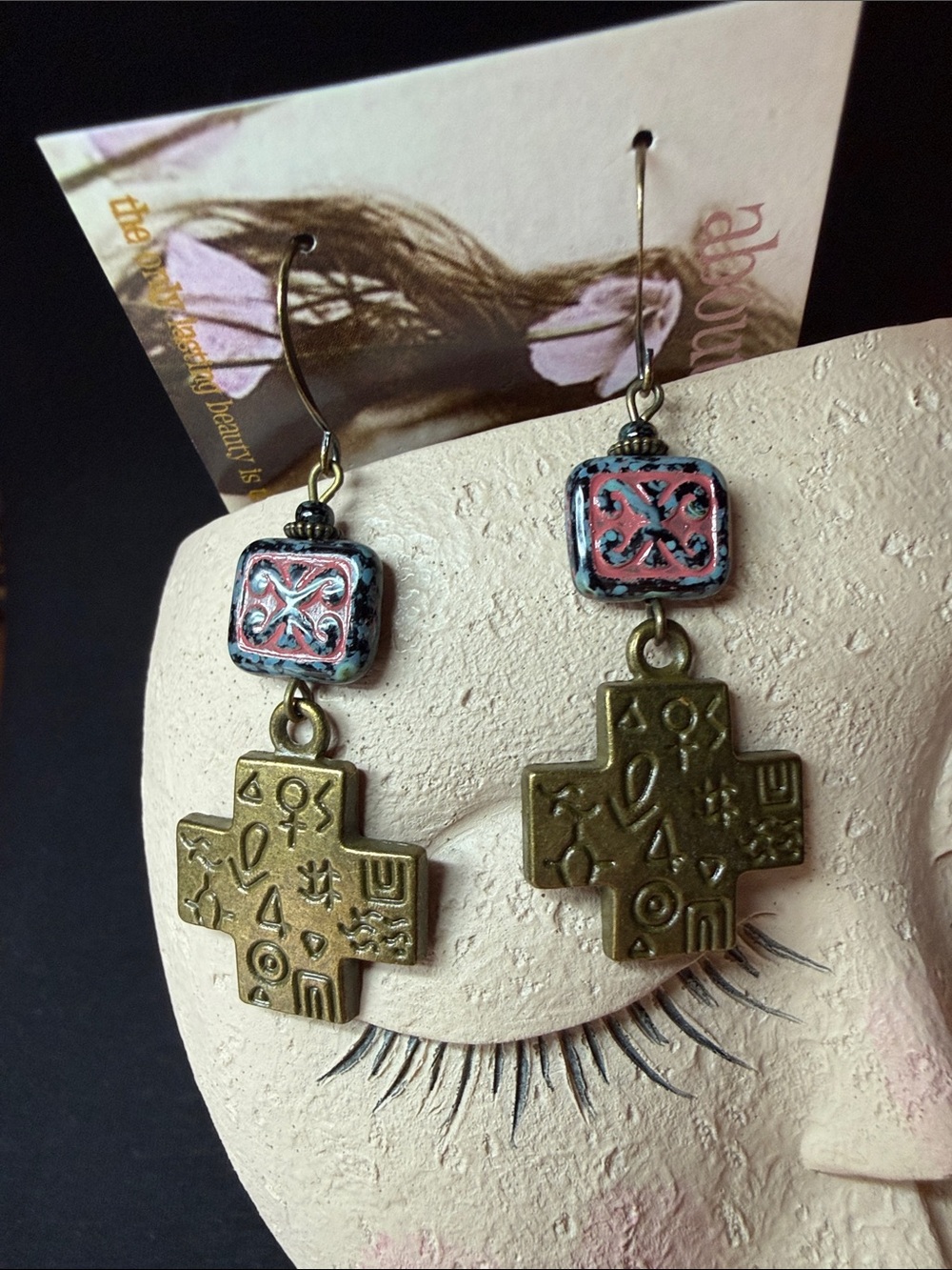 Artisan Brass Cross Drop Earrings with Pink Accent Beads